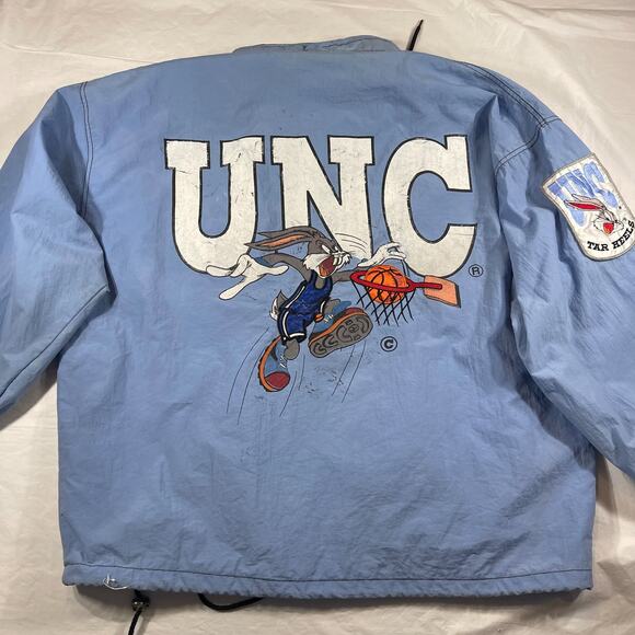Vintage UNC Tar Heels Bugs Bunny Looney Tunes Jacket Blue 100% Nylon 90s Size L - Picture 10 of 16